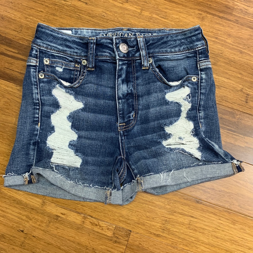 American Eagle Hi Rise Denim Shorts Womens Size 2 Distressed Cuffed Hem‎ Stretch